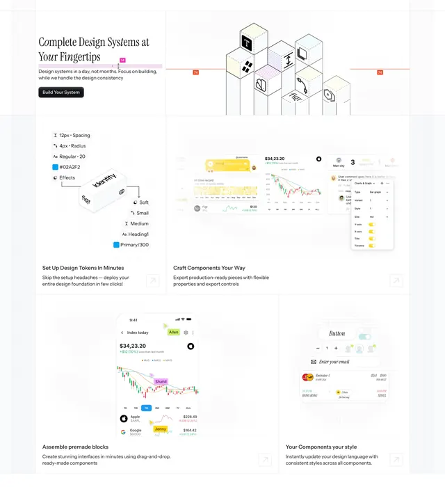 Figr bento features with token panel and chart abstracts, light-mode, editorial, light