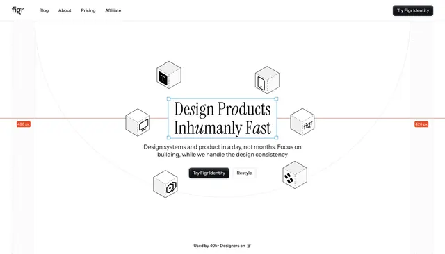Figr centered serif hero with orbiting wireframe cubes, light-mode, editorial, light