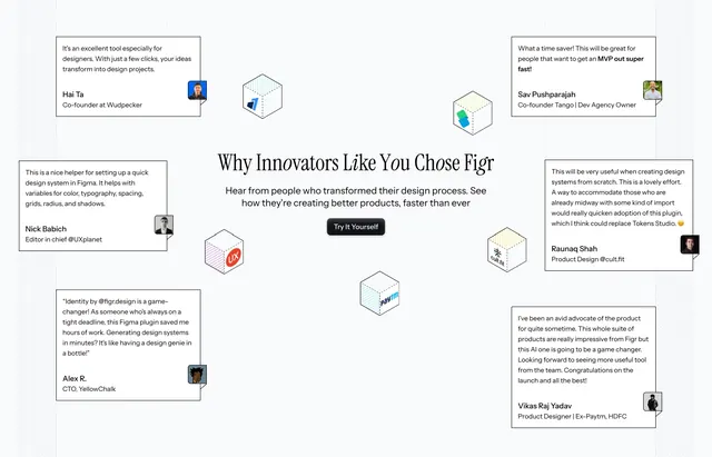Figr scattered testimonial cards around a centered heading, light-mode, editorial, light