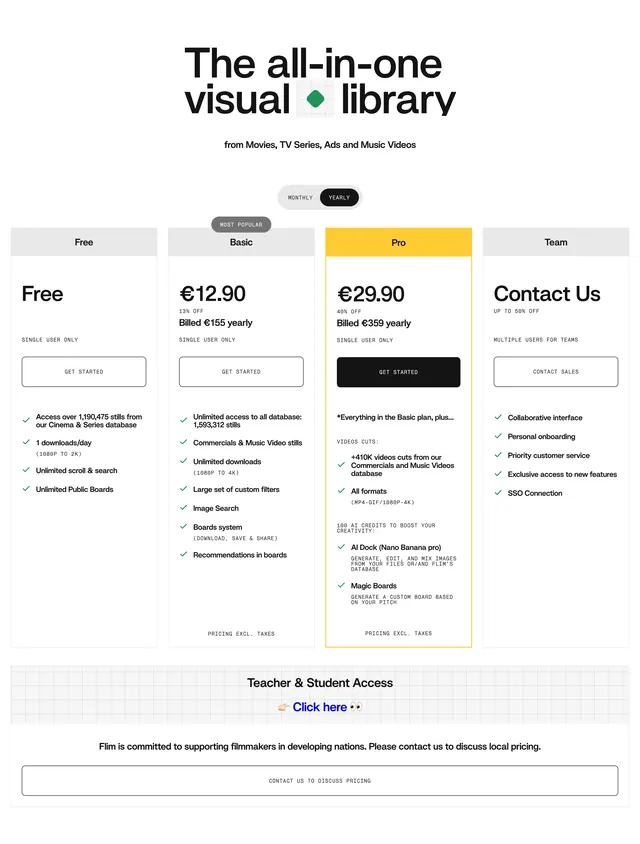 Flim four-tier subscription pricing table, minimal, light-mode, light
