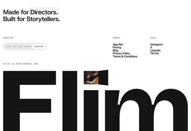 Flim tagline footer with oversized wordmark, minimal, light-mode, light