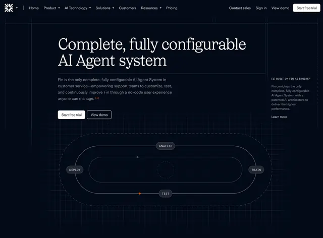 Fin capabilities dark hero with lifecycle diagram, dark-mode, minimal, dark