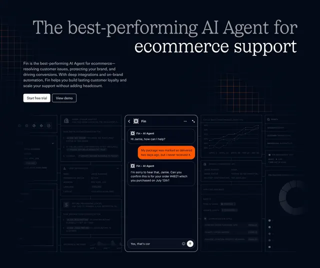 Fin ecommerce AI agent hero, dark-mode, editorial, dark