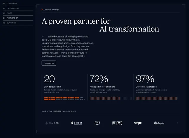 Fin enterprise partnership stats section, dark-mode, minimal, dark