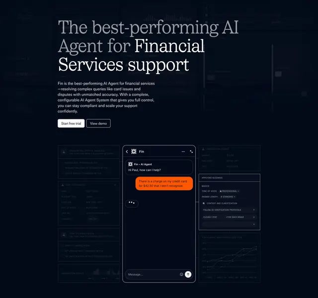 Fin financial services AI agent hero, dark-mode, editorial, dark