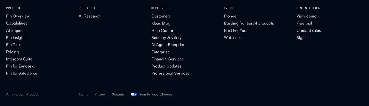 Fin multi-column site footer, dark-mode, minimal, dark