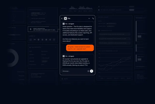 Fin agent chat over support dashboard, dark-mode, technical, dark