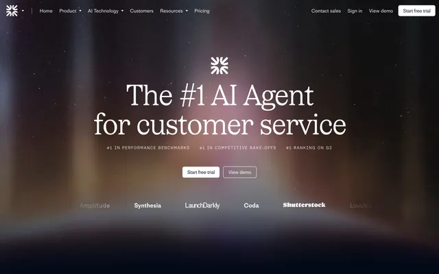 Fin #1 AI Agent cosmic hero, dark-mode, gradient-heavy, dark