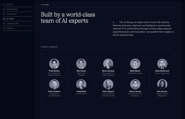 Fin AI group leadership grid, dark-mode, minimal, dark
