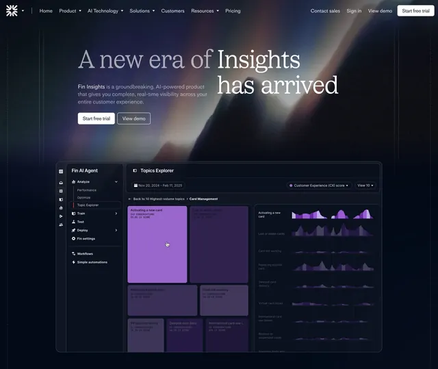Fin Insights product hero, dark-mode, gradient-heavy, dark
