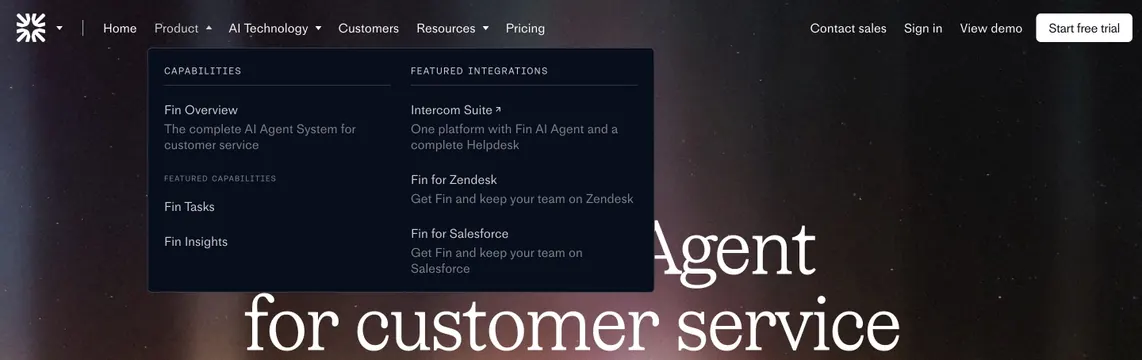 Fin nav with Product mega-menu, dark-mode, minimal, dark