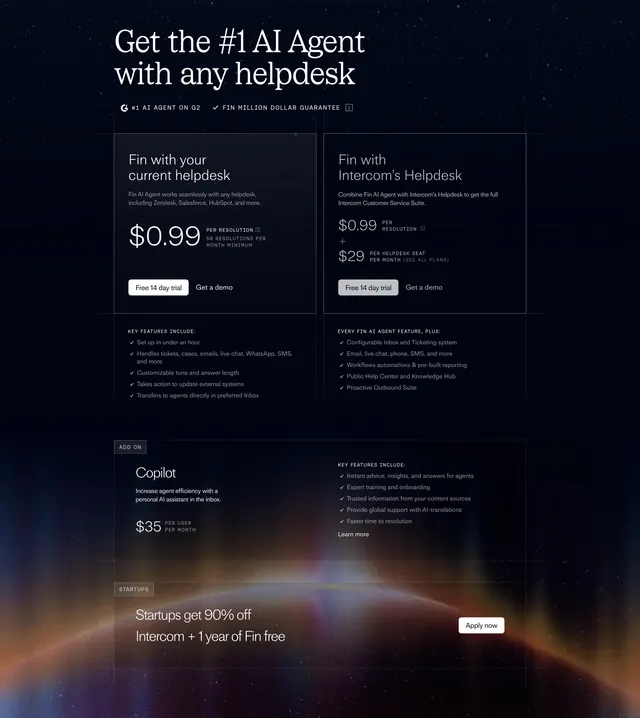 Fin full pricing page layout, dark-mode, minimal, dark