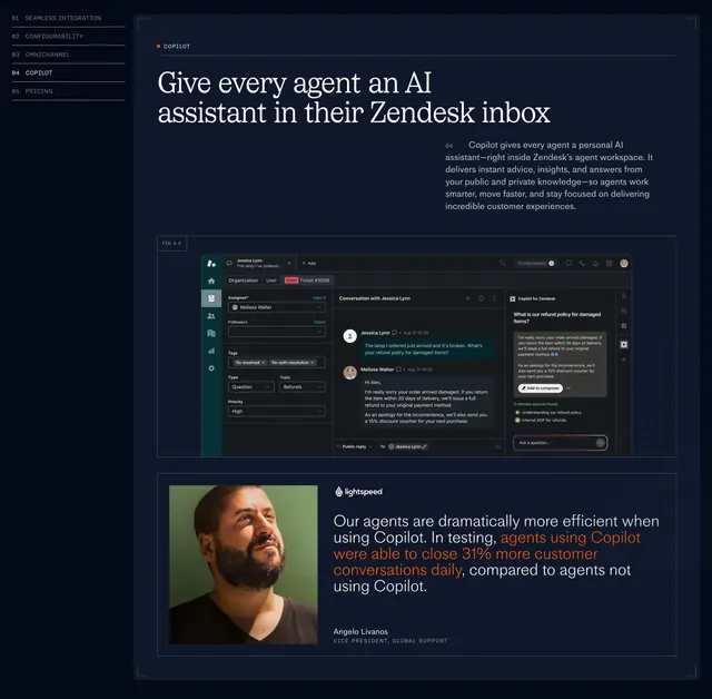 Fin Copilot for Zendesk feature, dark-mode, minimal, dark