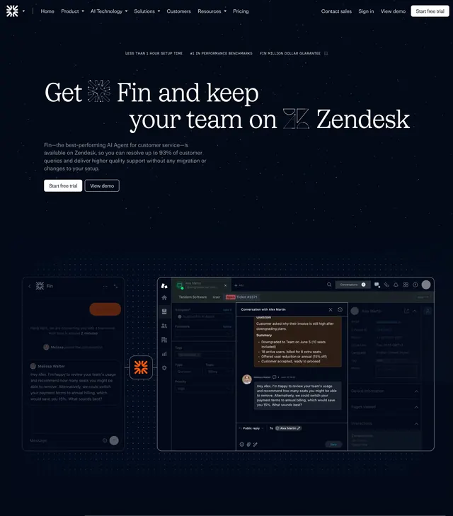 Fin for Zendesk integration hero, dark-mode, minimal, dark