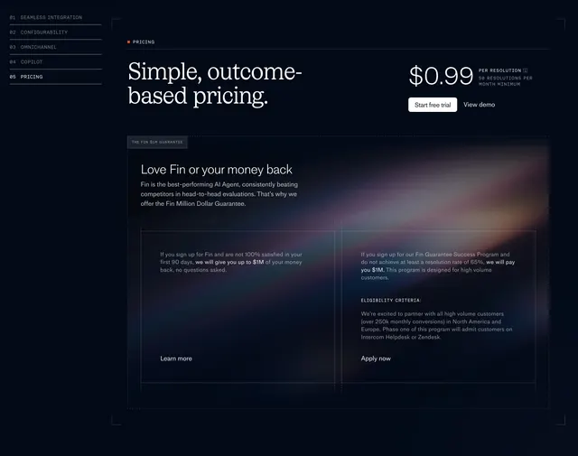 Fin Zendesk outcome pricing chapter, dark-mode, minimal, dark