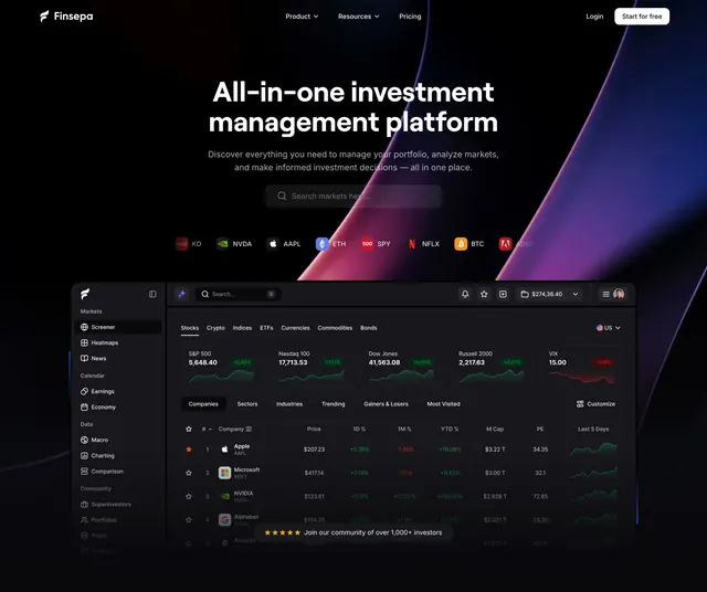 Finsepa dark investment hero with dashboard and tickers, dark-mode, corporate-clean, dark