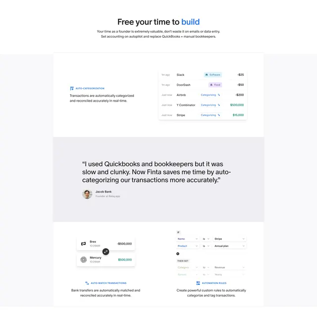 Finta accounting features with inline quote and UI cards, light-mode, minimal, light