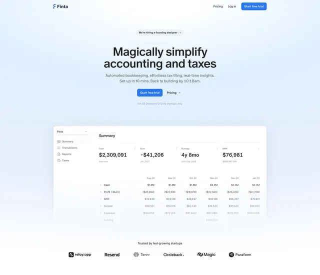 Finta accounting hero with metrics dashboard and logo wall, light-mode, minimal, light