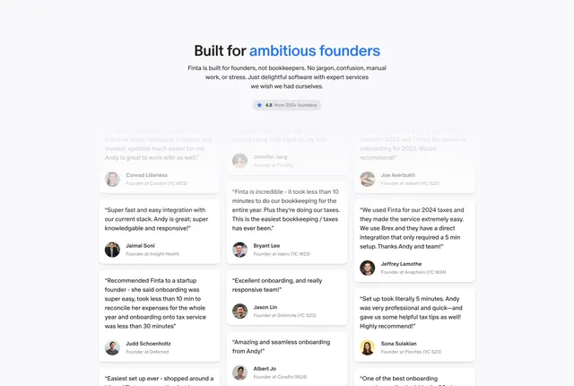 Finta founder testimonials masonry wall, minimal, light-mode, light