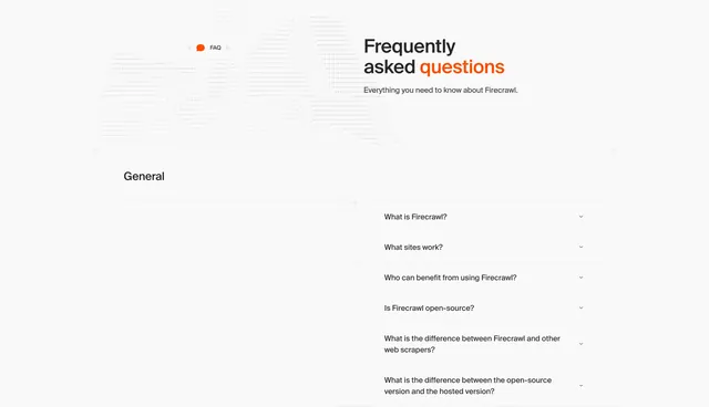 Firecrawl FAQ with ASCII cloud and accordion, light-mode, minimal, light