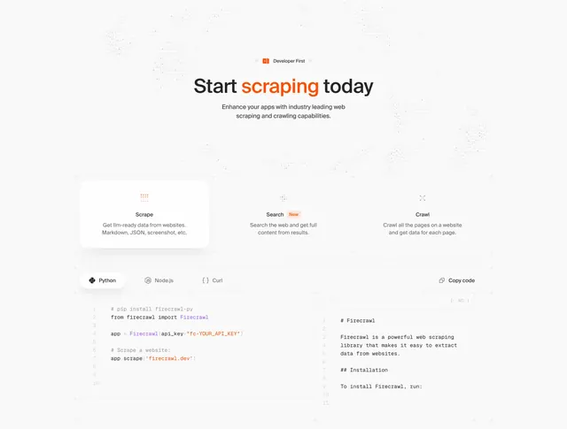 Firecrawl tabbed features with live code, light-mode, minimal, light