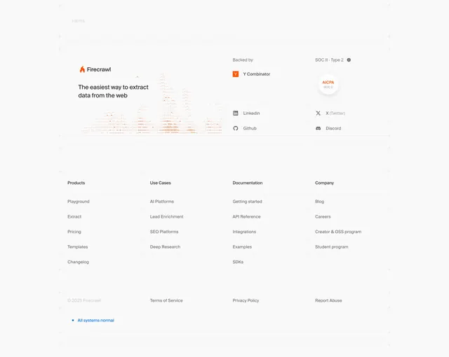 Firecrawl footer with trust band and link grid, light-mode, minimal, light