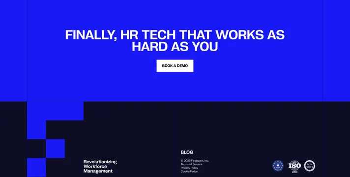 Firstwork electric-blue CTA over dark footer, neo-brutalist, dark-mode, vibrant