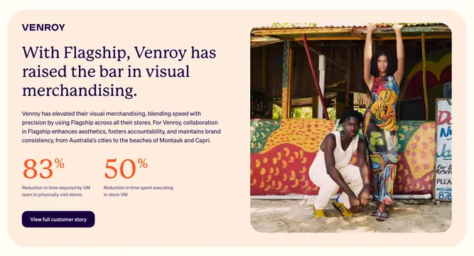 Flagship Venroy customer story card, minimal, light-mode, light