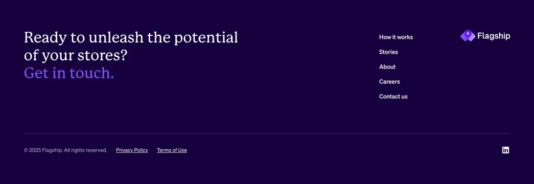 Flagship dark purple footer CTA, dark-mode, minimal, dark