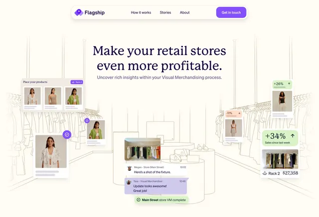 Flagship retail VM hero with floating UI, minimal, light-mode, light
