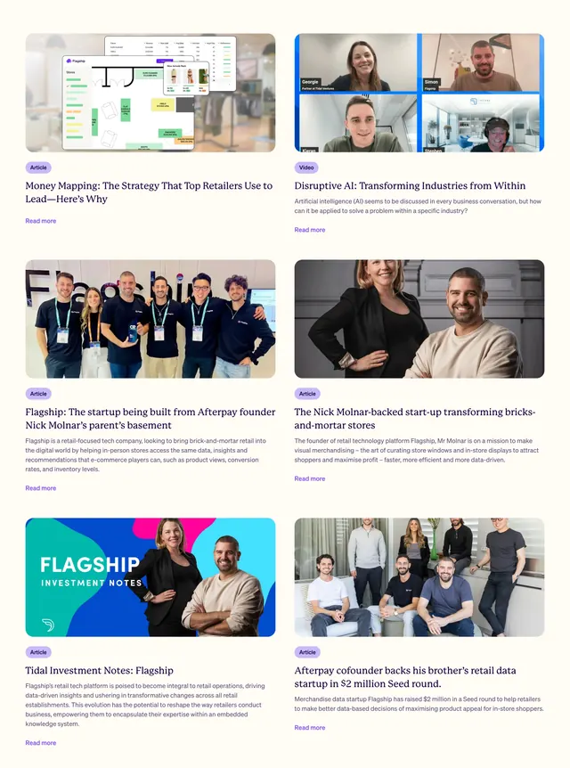 Flagship press and stories grid, minimal, light-mode, light