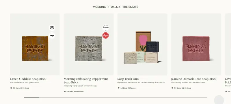 Flamingo Estate soap brick carousel, minimal, light-mode, light