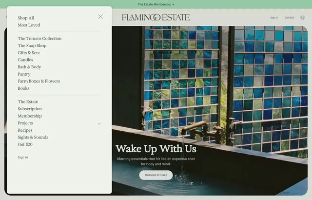 Flamingo Estate product nav drawer, minimal, light-mode, light