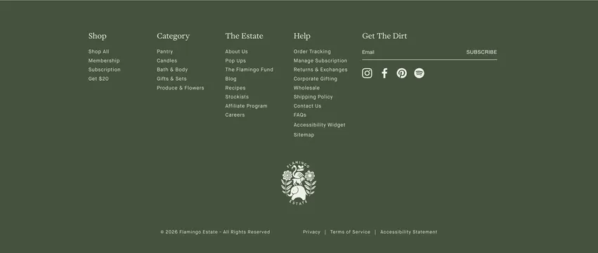 Flamingo Estate five-column footer, minimal, dark-mode, dark