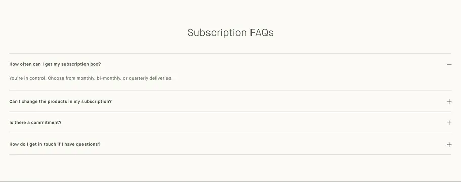 Flamingo Estate subscription FAQ accordion, minimal, light-mode, light