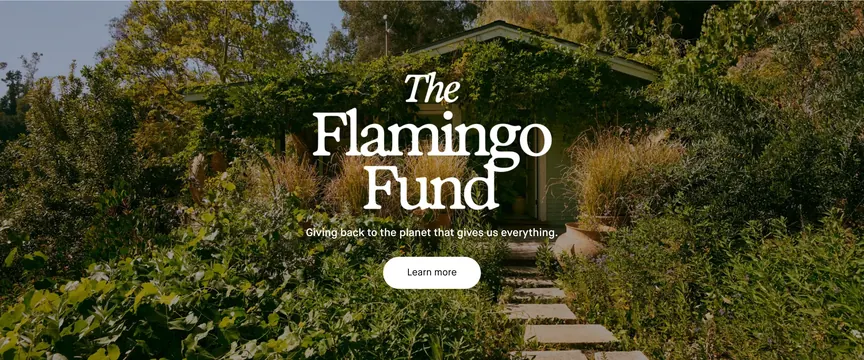 Flamingo Estate full-bleed garden CTA with serif display, photographic, editorial, earthy