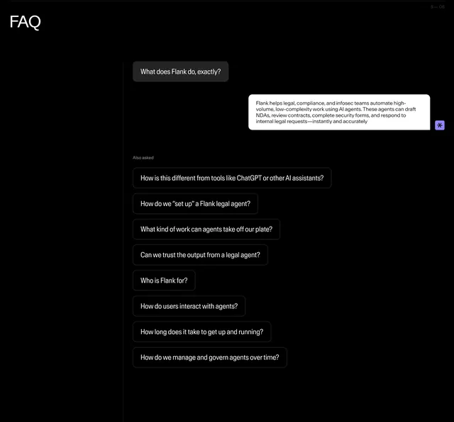 Flank chat-bubble FAQ on black, dark-mode, minimal, dark