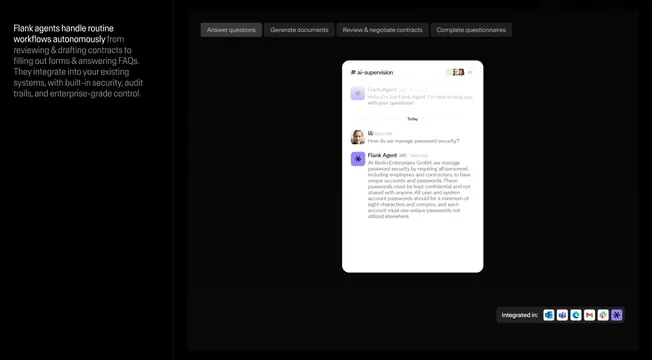 Flank tabbed feature with chat-supervision mockup, dark-mode, minimal, dark