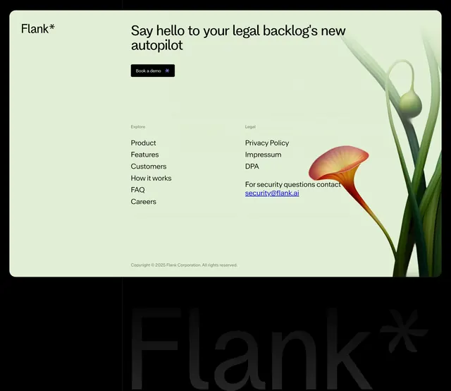 Flank pale-green footer with giant wordmark, minimal, light-mode, light