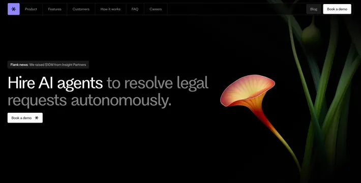 Flank dark hero with two-tone headline and flower, dark-mode, minimal, dark