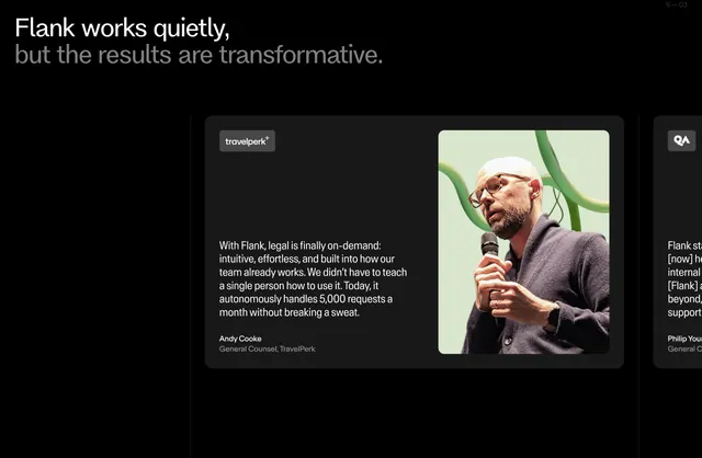 Flank dark testimonial slider with two-tone heading, dark-mode, editorial, dark