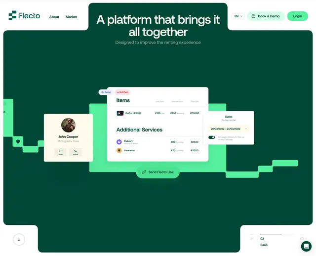 Flecto platform hero with rental UI cards, dark-mode, minimal, dark