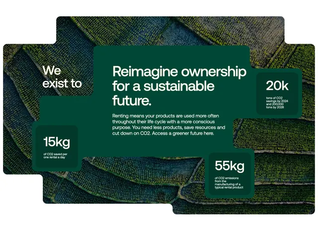Flecto sustainability value section with CO2 stats, minimal, organic, dark