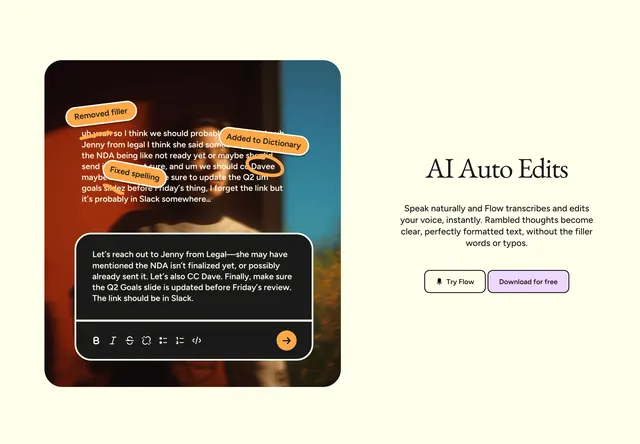 Flow AI Auto Edits split feature section, minimal, light-mode, light