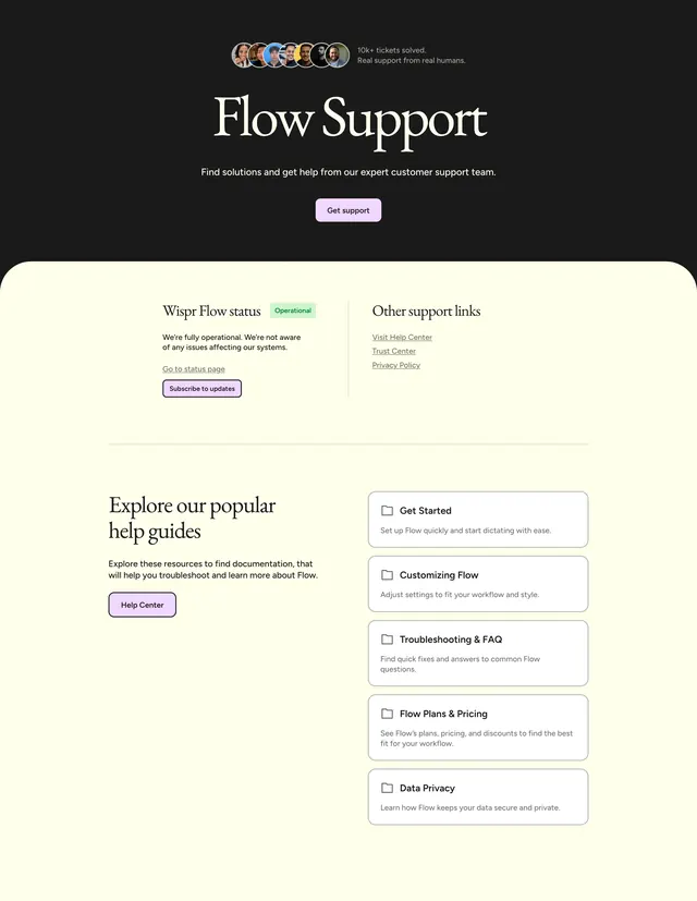 Flow customer support contact page, minimal, dark-mode, dark
