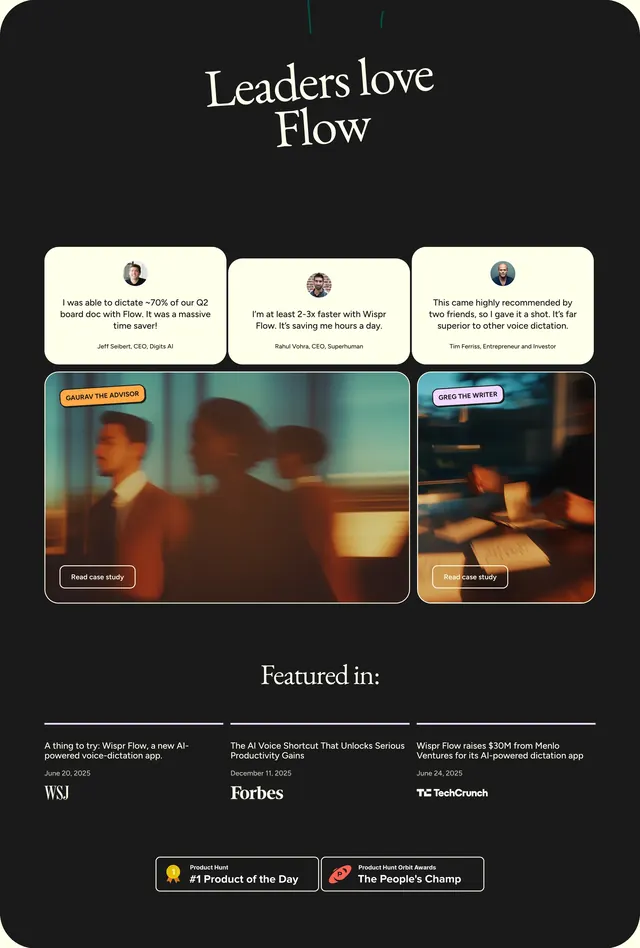 Flow leaders love social proof section, dark-mode, editorial, dark