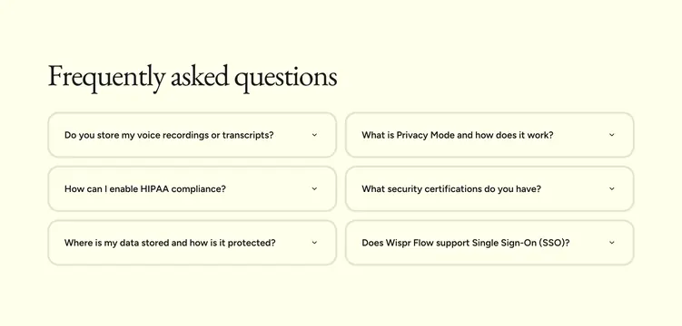 Flow security and privacy FAQ grid, minimal, light-mode, light