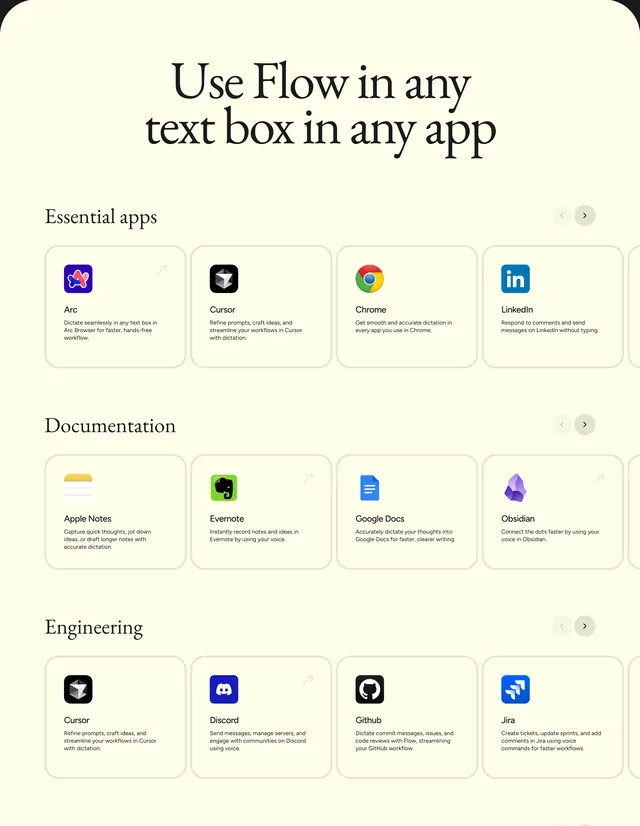 Flow cross-app integration carousel section, minimal, light-mode, light