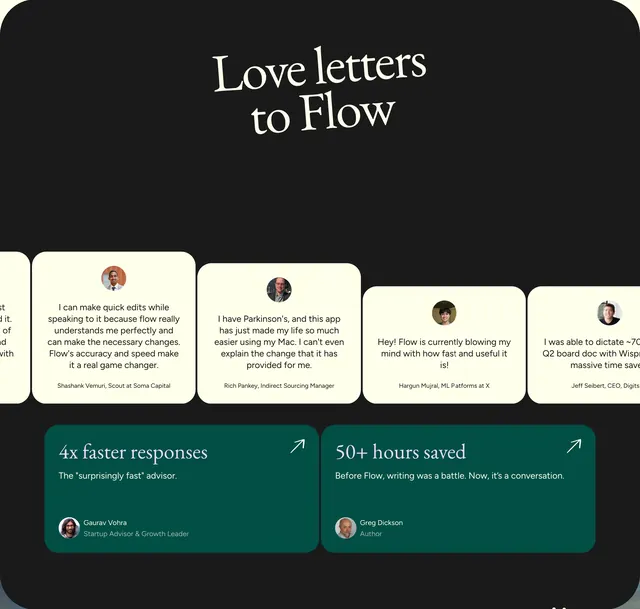 Flow love letters testimonial carousel, minimal, editorial, dark