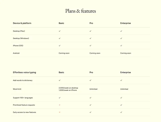 Flow plans and features comparison table, minimal, light-mode, light